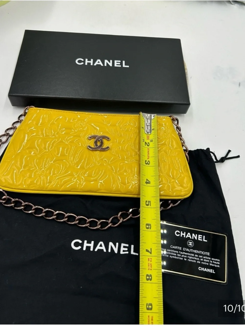 Chanel patent leather floral embossed shoulder bag made in Italy